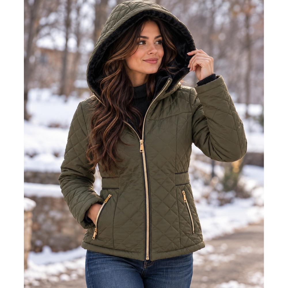 Big Chill Womens Quilted Hooded Jacket Olive Green Faux Fur Lined Size S NWT